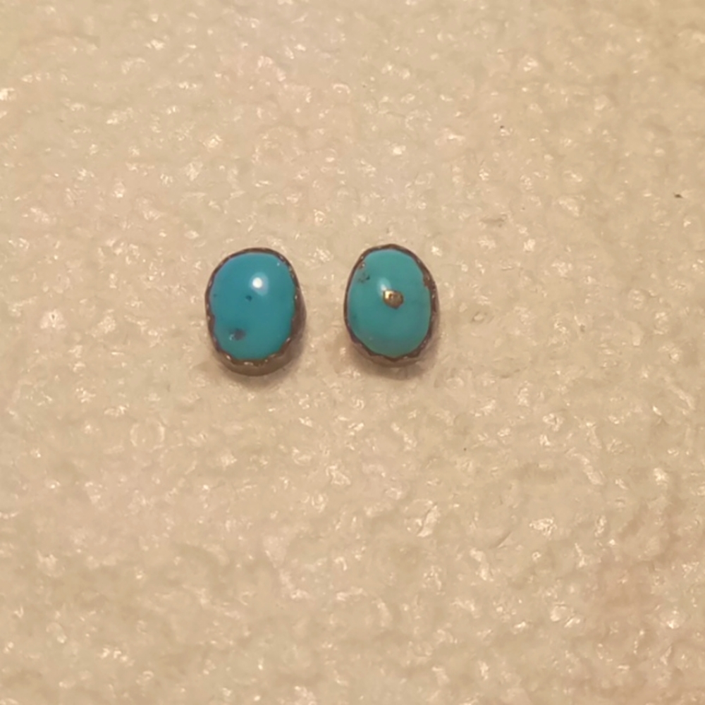 Vintage genuine Turquoise Stud Earrings ~ Sterling trim